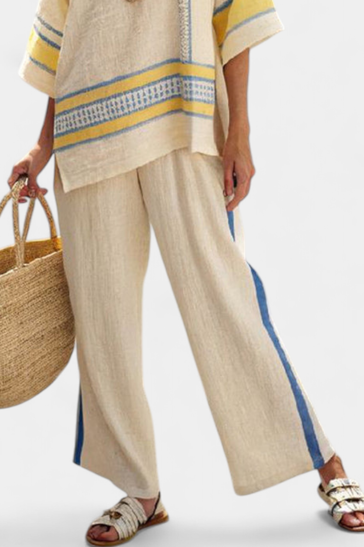 Clara | Comfortable Blue-Yellow Mediterranean Top & Linen Pants