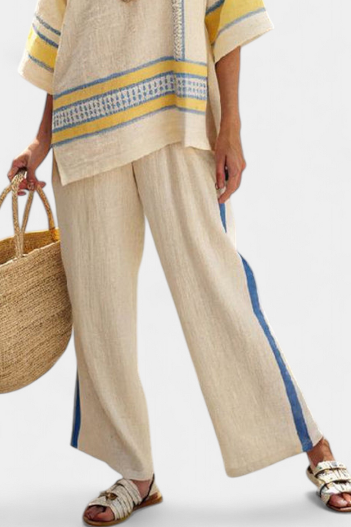 Clara | Comfortable Blue-Yellow Mediterranean Top & Linen Pants