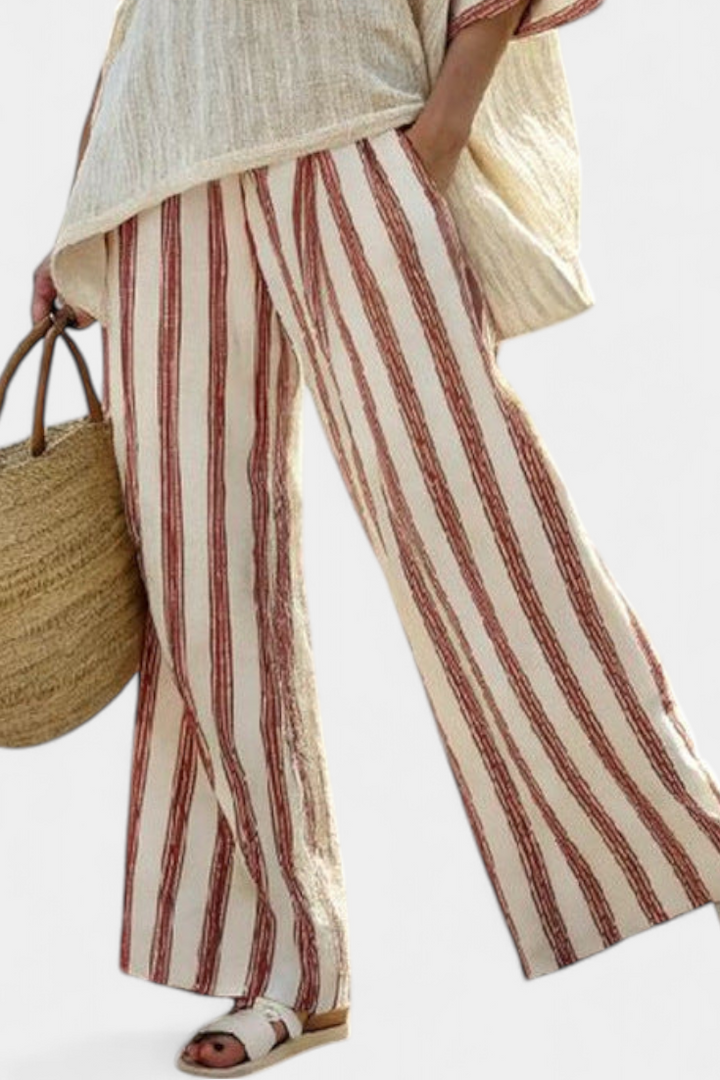 Helena | Elegant Rustic Striped Top & Cream Linen Pants