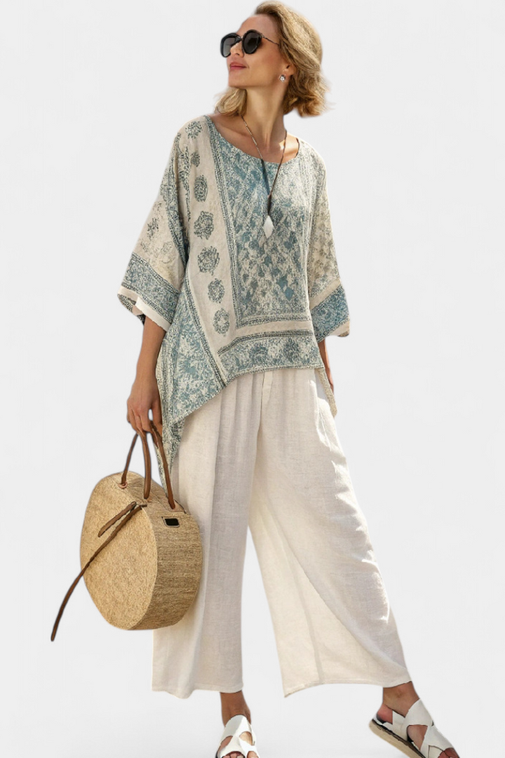 Eliza | Comfortable Printed Blouse & Wide-Leg White Pants