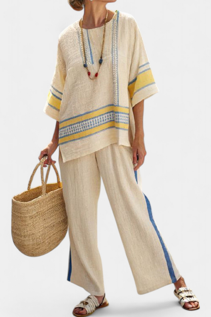 Clara | Comfortable Blue-Yellow Mediterranean Top & Linen Pants