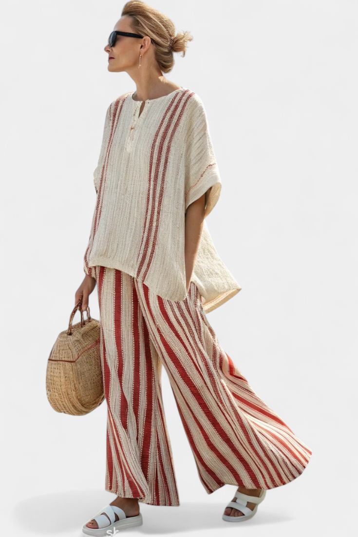 Kendall | Sophisticated Textured Red-Stripe Top & Linen Pants