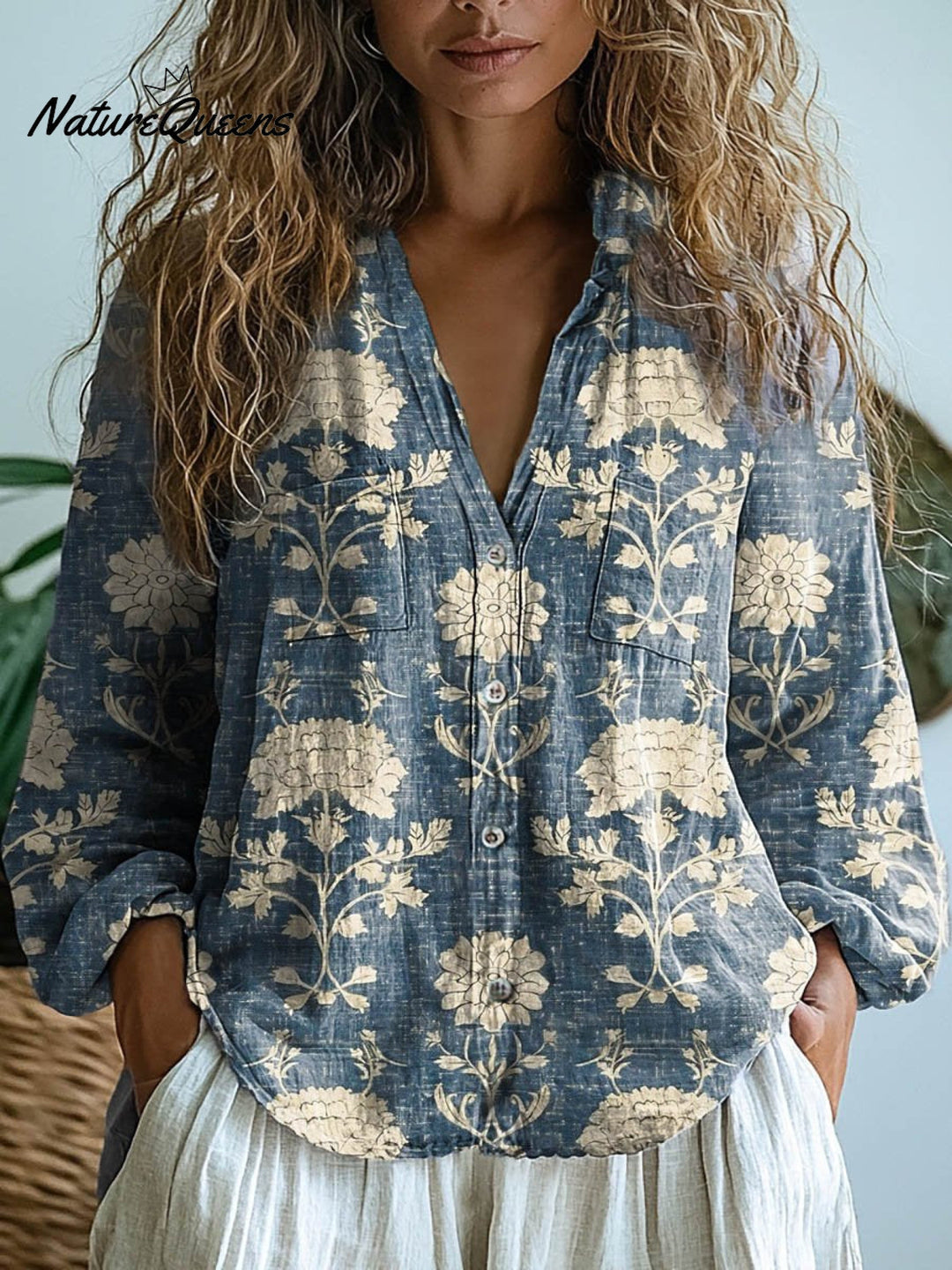 Brenda | Women's Vintage Lovely Floral Art Print Casual Long Sleeve Comfortable Cotton Shirt