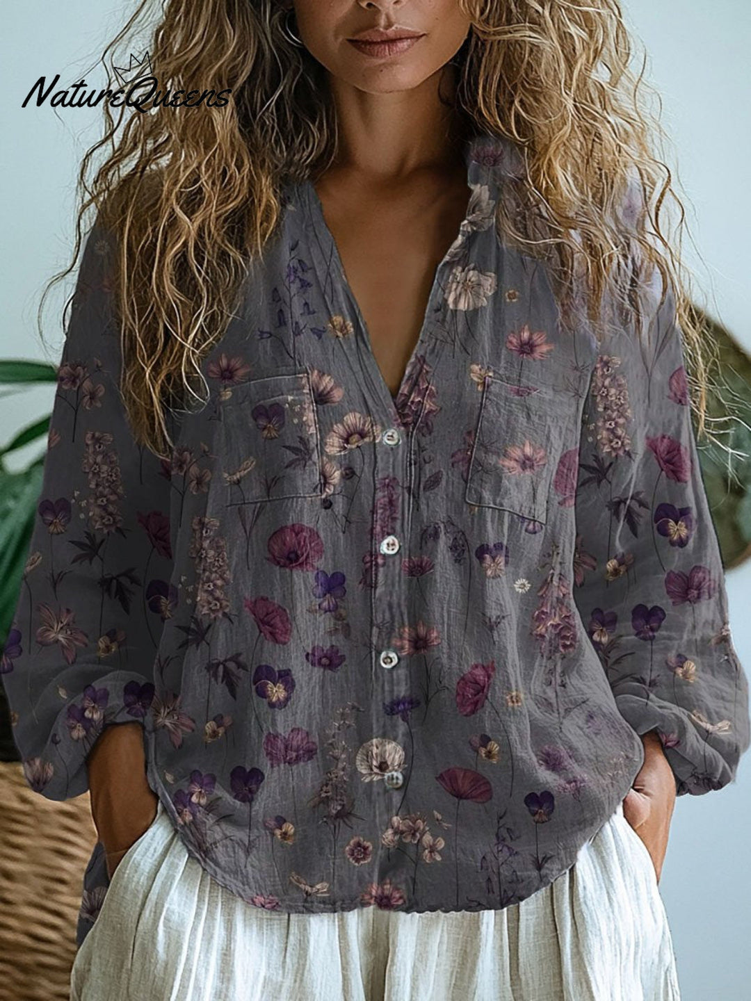 Carol | Women's  Retro Floral Art Print Casual Long Sleeve Comfortable Cotton Shirt
