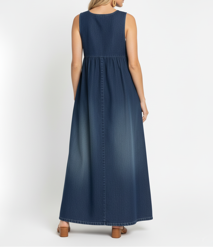 Loretta | Vintage Washed Soft Cotton Feel Denim Maxi Dress