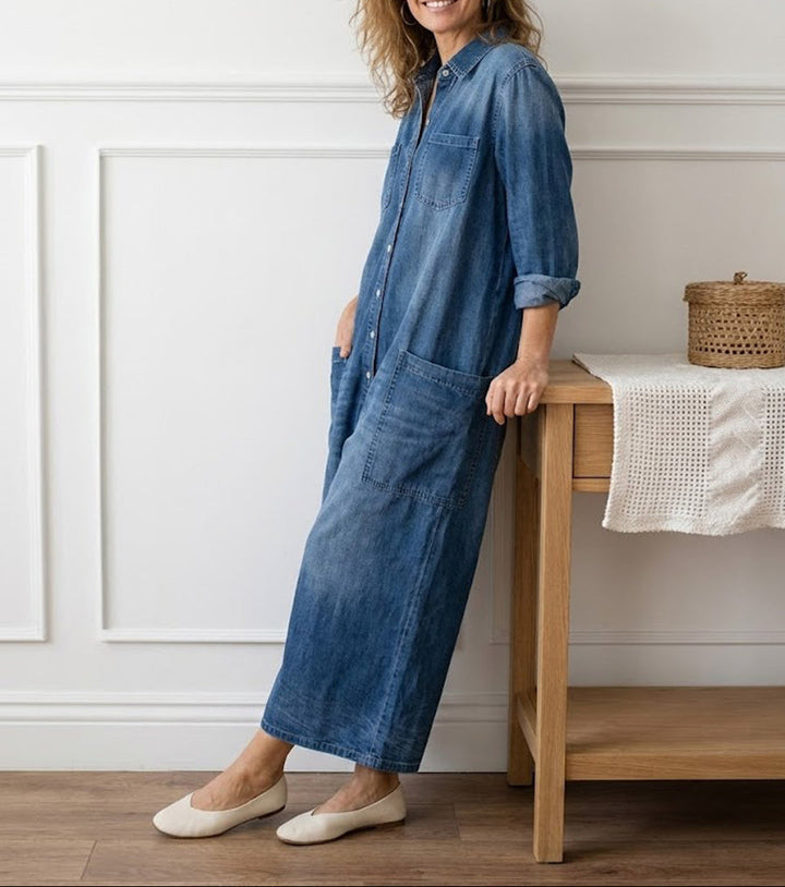 Lorelie | Vintage Washed Soft Cotton Denim Jumpsuit with Button Closure