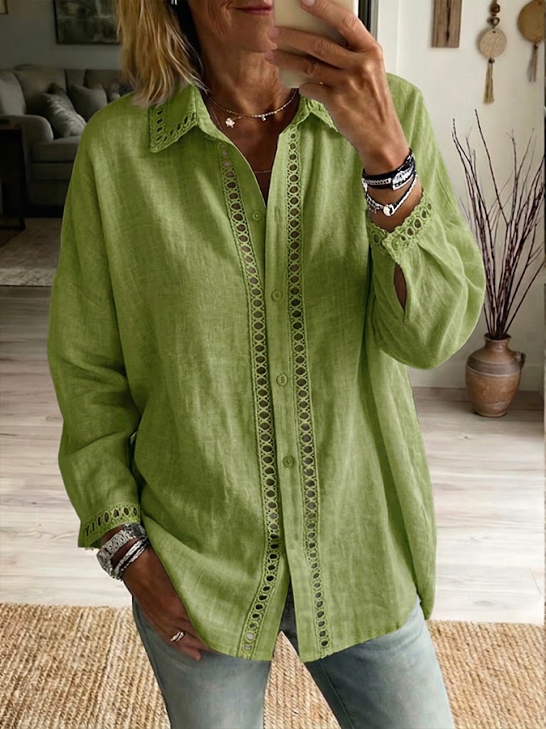 Venice | Casual Long-sleeve Linen-cotton Shirt With Spliced cutout Webbing