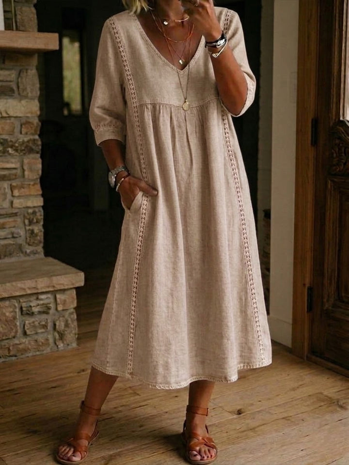 Sheena | Casual Loose-fitting Patchwork Lace Trim Linen And Cotton Dress