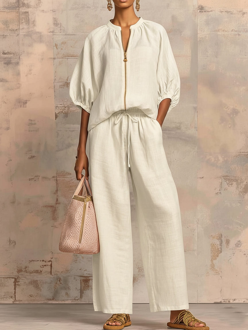 Hailey | Stylish Cozy Shirt Wide-Leg Pants Linen Cotton Two-Piece Set
