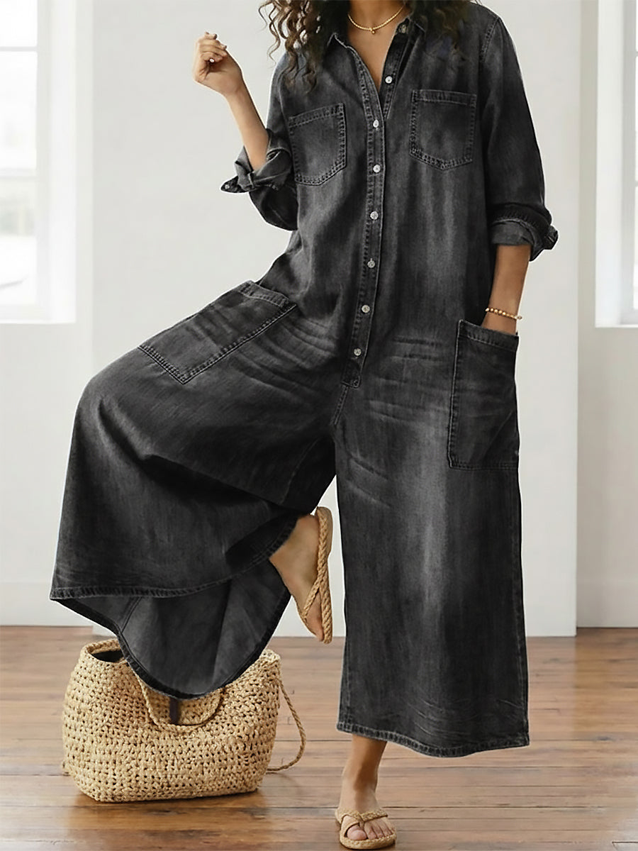 Lorelie | Vintage Washed Soft Cotton Denim Jumpsuit with Button Closure