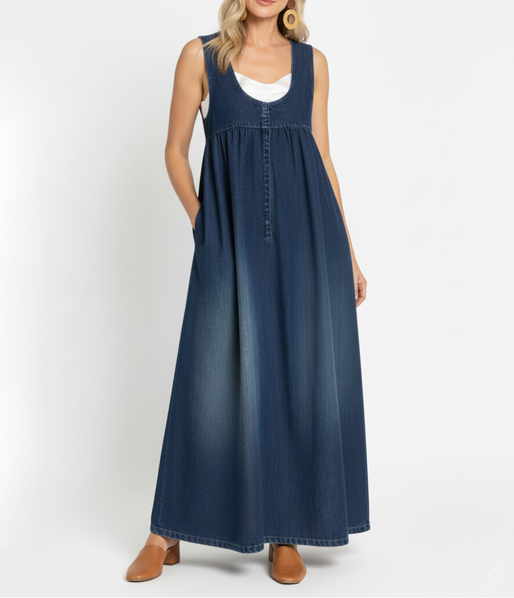 Loretta | Vintage Washed Soft Cotton Feel Denim Maxi Dress
