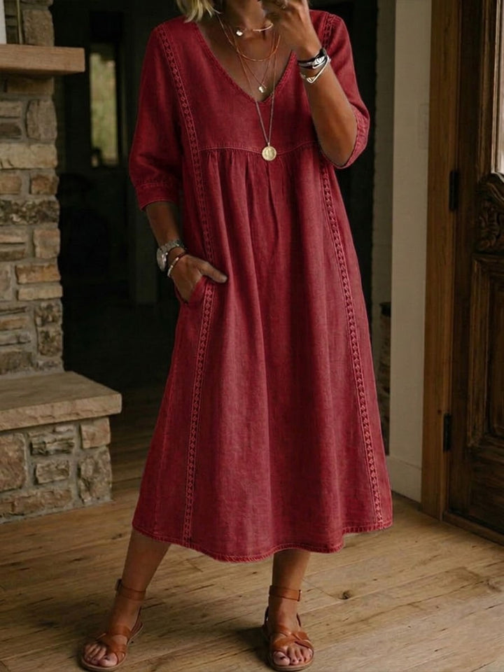 Sheena | Casual Loose-fitting Patchwork Lace Trim Linen And Cotton Dress