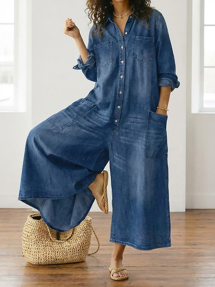 Lorelie | Vintage Washed Soft Cotton Denim Jumpsuit with Button Closure