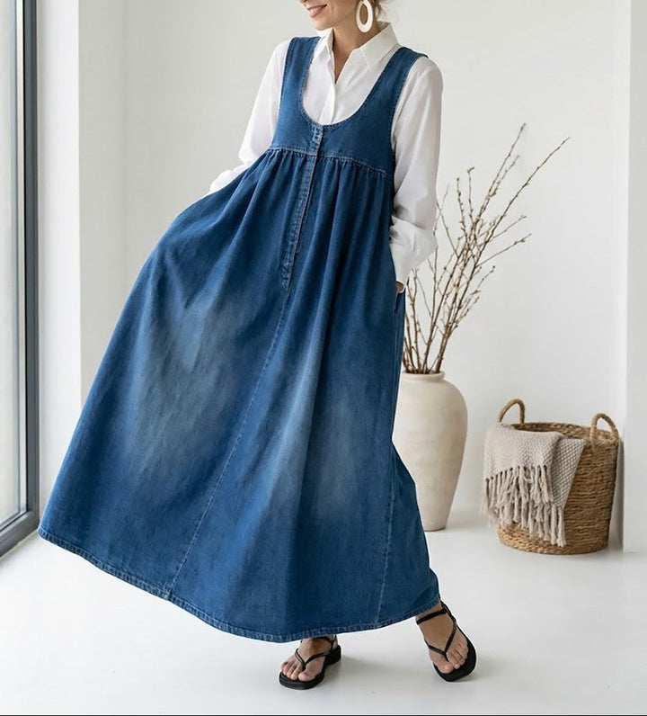 Loretta | Vintage Washed Soft Cotton Feel Denim Maxi Dress