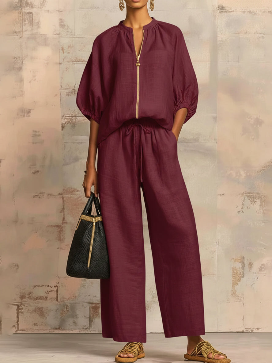Hailey | Stylish Cozy Shirt Wide-Leg Pants Linen Cotton Two-Piece Set