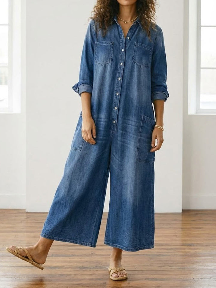 Lorelie | Vintage Washed Soft Cotton Denim Jumpsuit with Button Closure