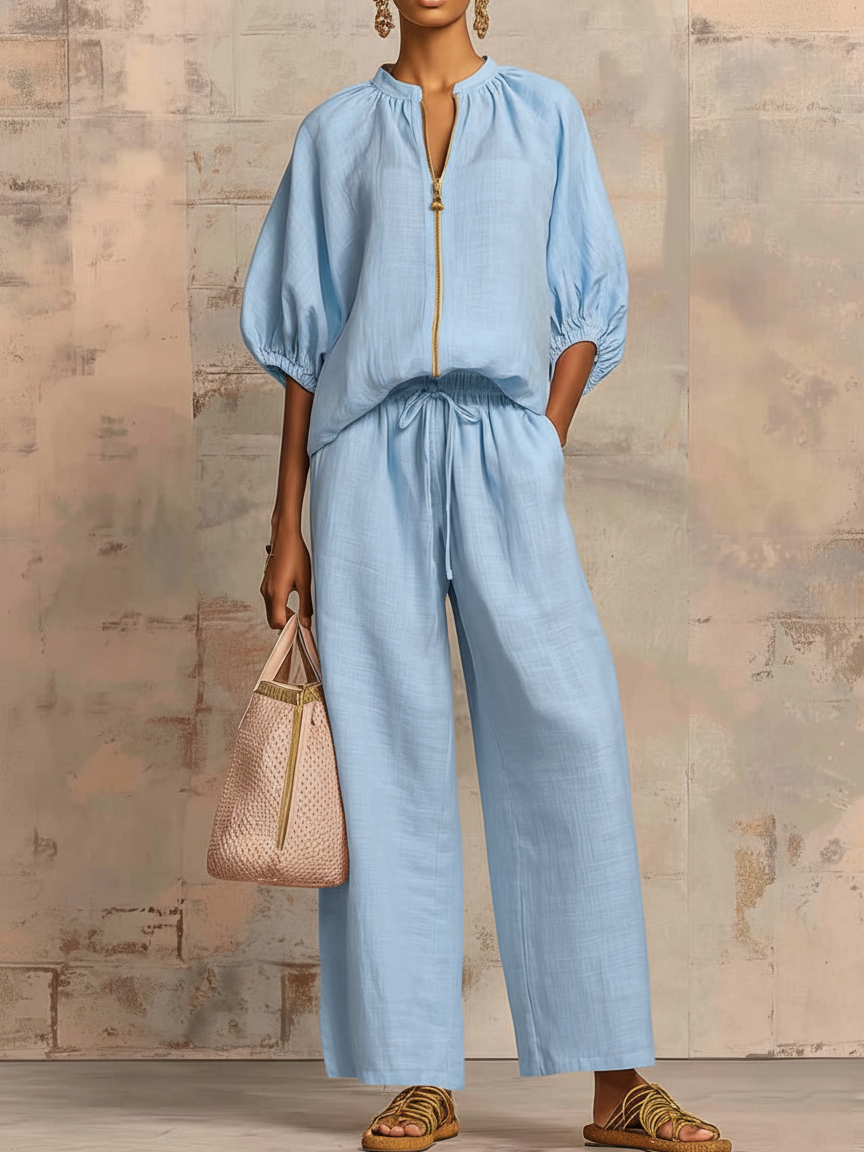 Hailey | Stylish Cozy Shirt Wide-Leg Pants Linen Cotton Two-Piece Set