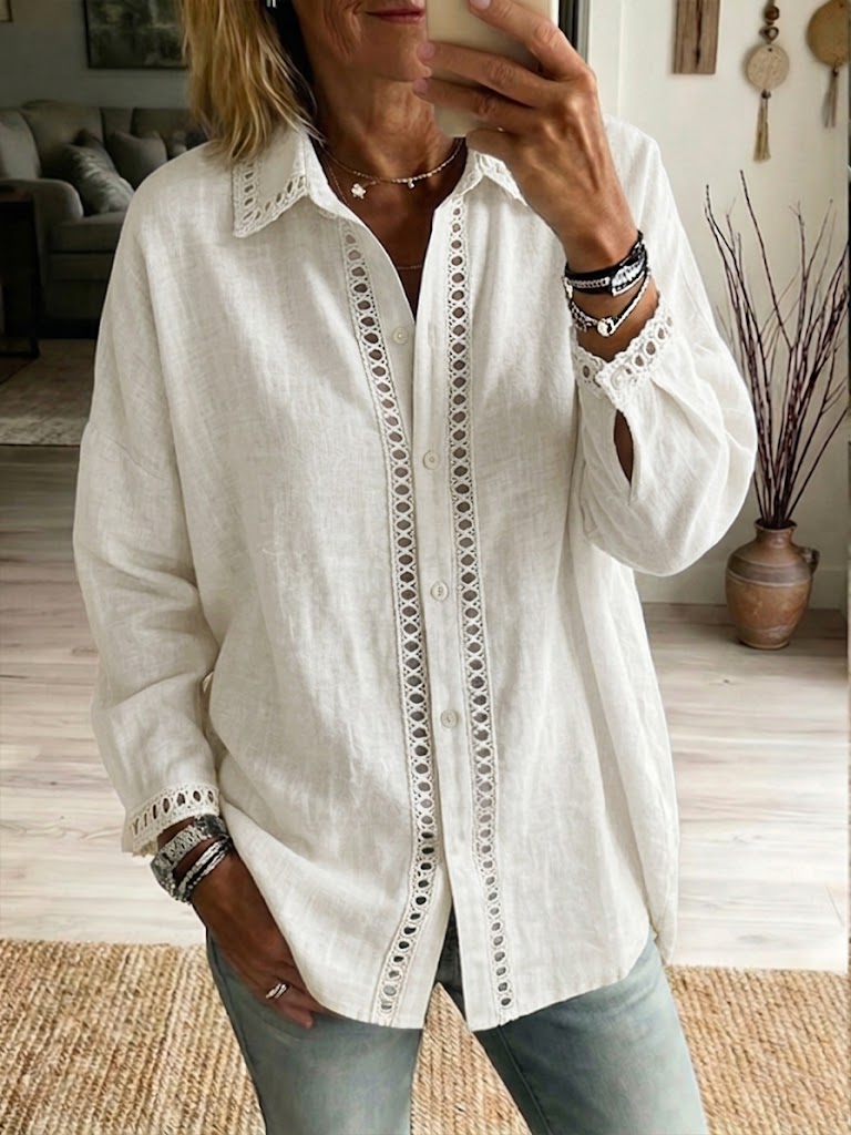 Venice | Casual Long-sleeve Linen-cotton Shirt With Spliced cutout Webbing