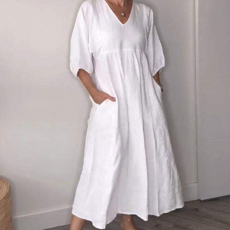 Zandrea | Loose Fit V Neck Midi Dress Lightweight Comfortable