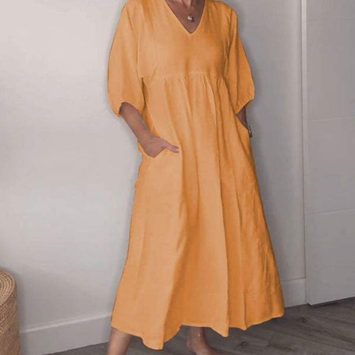 Zandrea | Loose Fit V Neck Midi Dress Lightweight Comfortable