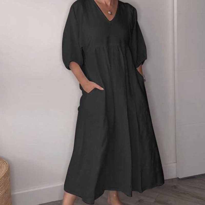 Zandrea | Loose Fit V Neck Midi Dress Lightweight Comfortable