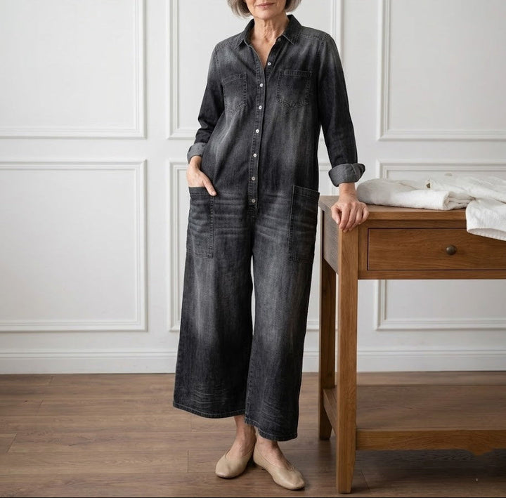 Lorelie | Vintage Washed Soft Cotton Denim Jumpsuit with Button Closure