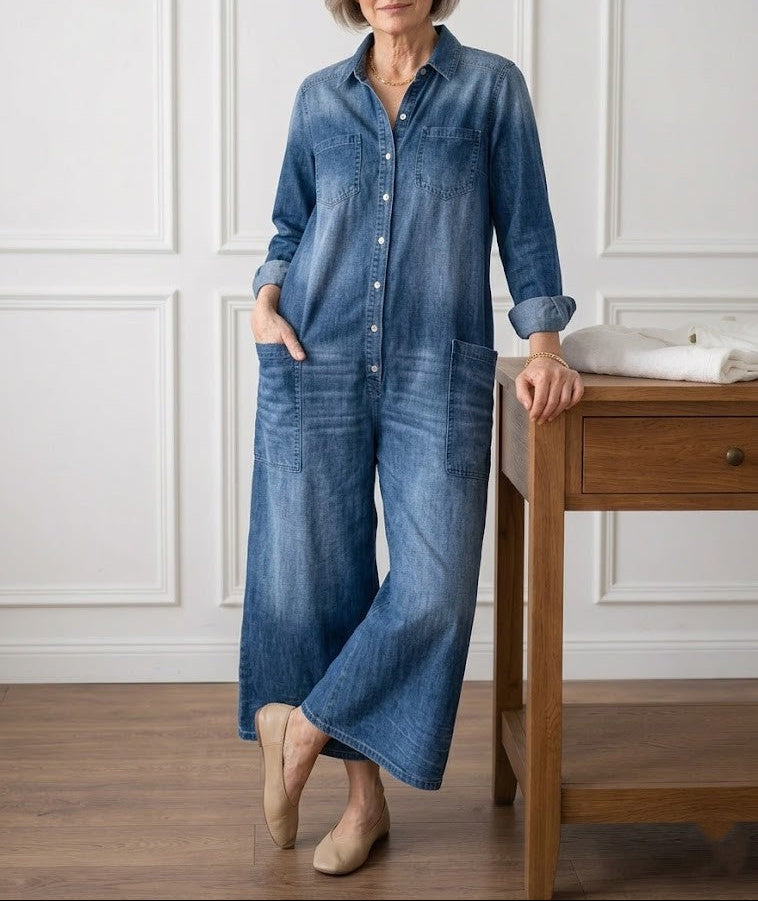 Lorelie | Vintage Washed Soft Cotton Denim Jumpsuit with Button Closure